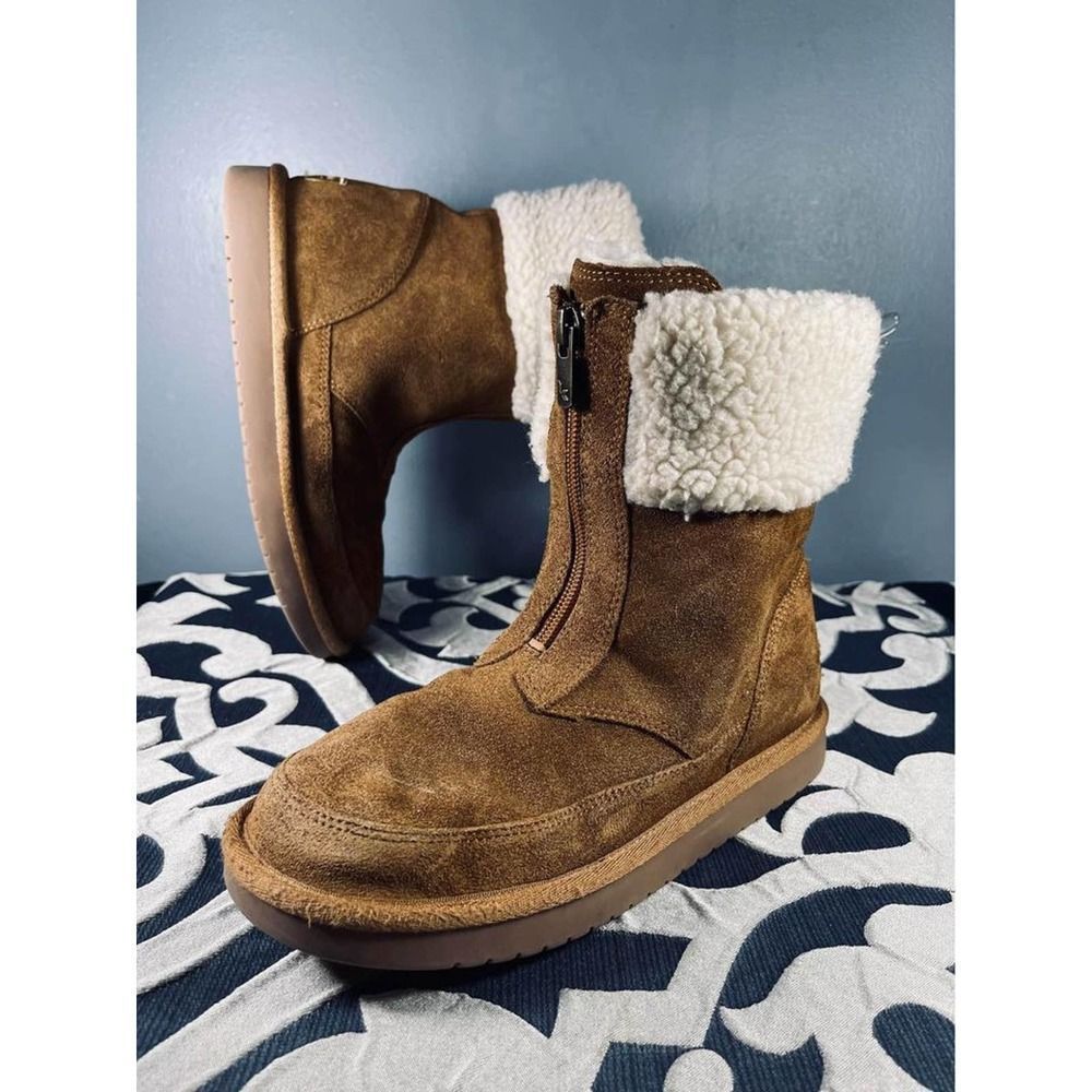 UGG Brown Suede Kids Zip-Front Shearling Cuff Boots